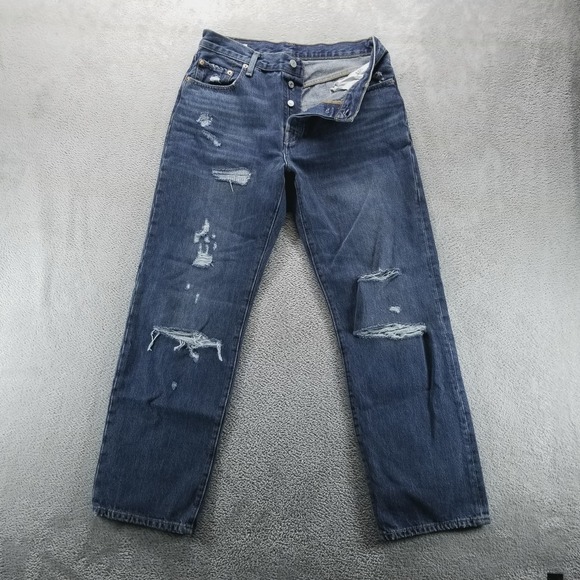Levis 501 Jeans Womens 29 Blue Straight Button Fly Dark Wash High Rise Ripped - Picture 1 of 11